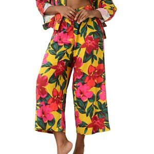 Tahari Colorful Tropical Floral Linen Wide Leg Cropped Pants Size M